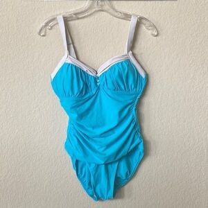 Shore Shapes Swimwear Blue & White One Piece Adjustable Strap Swim Suit Size 12